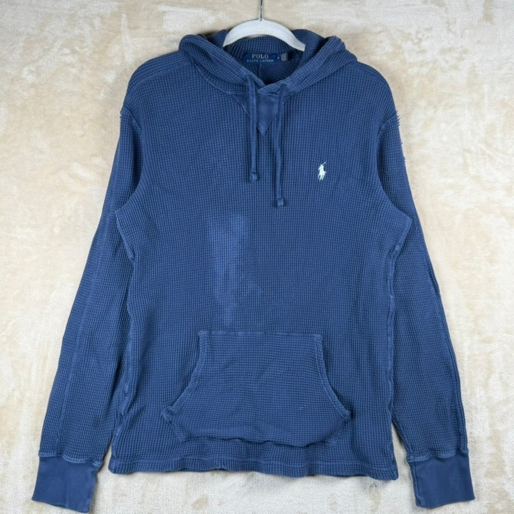 Polo Ralph Lauren Mens Blue Waffle Knit Thermal Hoodie Size M Pony Logo FLAWED